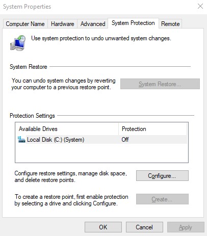 Build 1903 - System Restore option greyed-out / System protection off after feature update 52b0c569-6625-4505-8c7e-ec98435943fc?upload=true.jpg