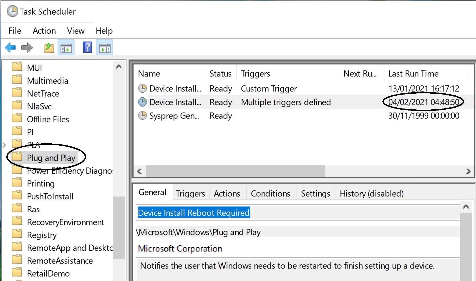 Task Scheduler Plug and Play: Device Install Reboot Required Runs at System Startup every... 53b33c25-b748-4c45-af3d-116554f963dc?upload=true.jpg