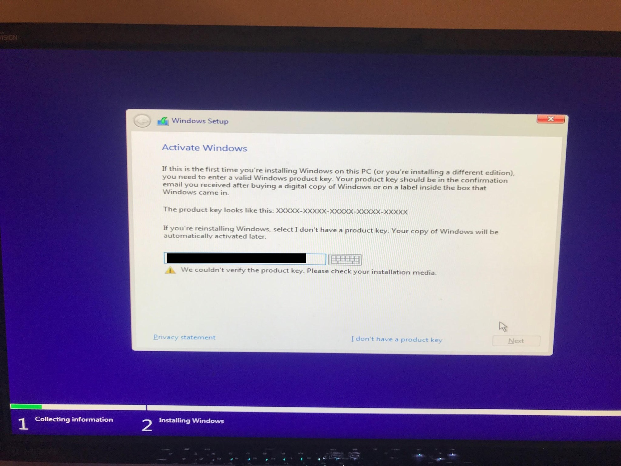 "We couldn't verify the product key. Please check your installation media." Error occurring... 545f25eb-a202-4135-84c8-cbb3276a8d1b?upload=true.jpg