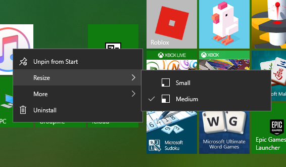 How do I resize a start tile to options that are not listed. 561f075f-9669-4ee7-b1dd-ff66b9f3d71e?upload=true.png