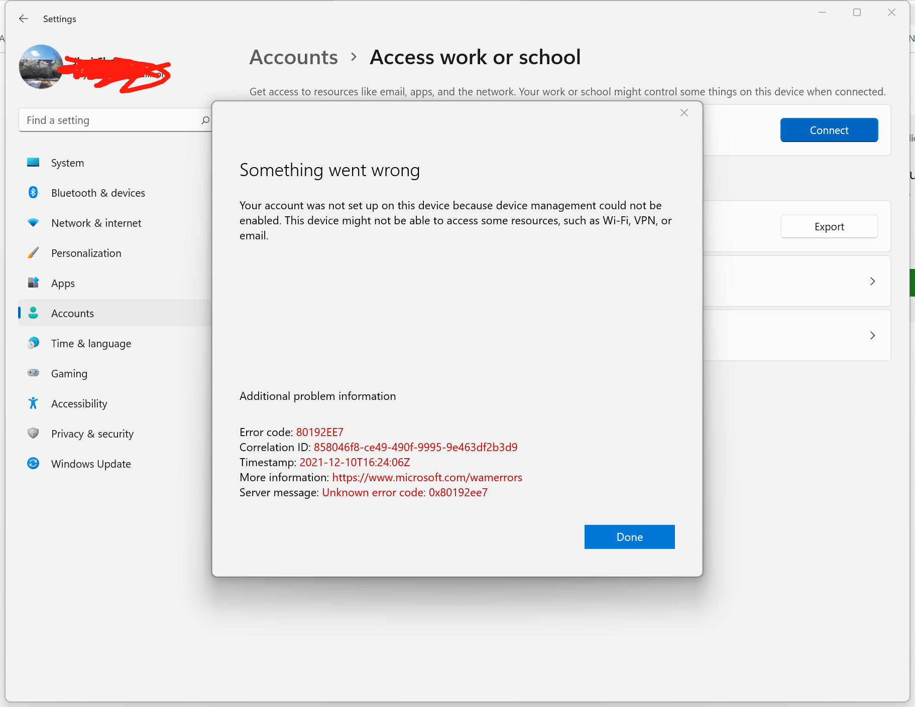 Can't add school account to Windows 10 Pro laptop; error code 80192EE7 56cb604b-02f9-4237-b134-8ab8597728f5?upload=true.png