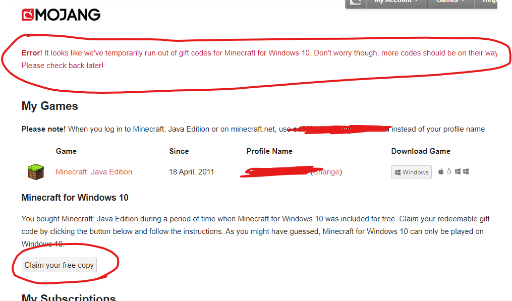 It looks like we've temporarily run out of gift codes for Minecraft for Windows 10. 57f8b71b-2646-4dba-a932-cc6337db3363?upload=true.png