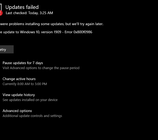 i keep getting an error code 0x800f0986 when trying to update my windows 10 version1909 583ab23a-4a70-4c07-9f45-ec3585e2c94f?upload=true.png