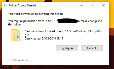Access Denied while deleting WSL files from the Packages folder 58f3c070-c36e-492a-a669-cac978eb098b?upload=true.png