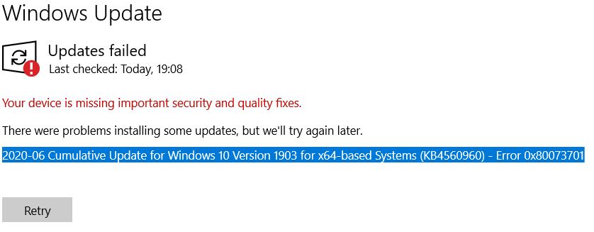 ERROR 0x80073701 - 2021-06 Cumulative Update for Windows 10 Version 21H1 for x64-based... 595f67e6-df25-419f-907d-e32411d8a5b6?upload=true.jpg