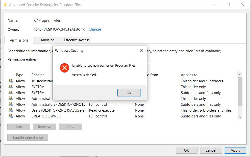 Error when trying to change owner to my admin user in securities tab 5aa40687-853a-4900-b393-ff7d407dd502?upload=true.png
