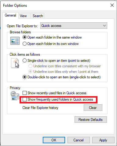 What is the Registry Key for the "Show frequently used folder in Quick access" option? 5b1839c0-ae3f-4856-8f75-5585b7548735?upload=true.png