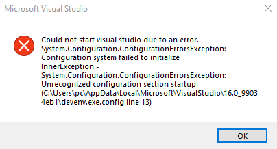 the exception unknown software exception 0xe0434352 error when start visual studio 2019 5be14c88-24cd-4ae4-a300-71ca92a4e021?upload=true.png
