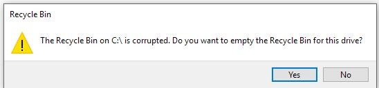 The Recycle Bin on C:\is corrupted. Do you want to empty the Recycle Bin for this drive? 5dc16167-2c24-497e-960a-d3bf22884624?upload=true.jpg
