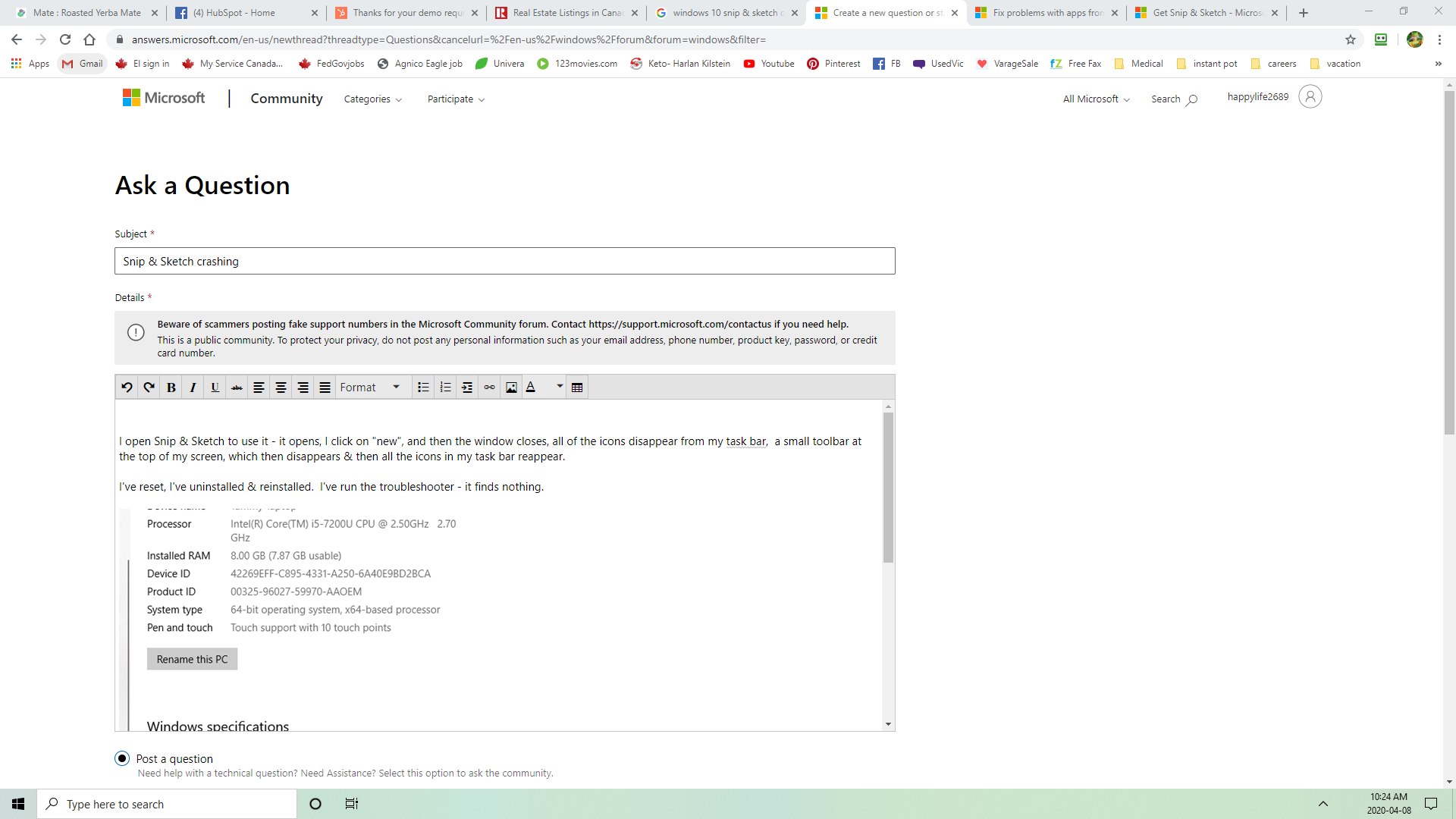 Snip & Sketch crashing, reset & uninstall/reinstall still not working 5ed1da78-931a-4d1e-8b02-4881dcd00d6b?upload=true.png