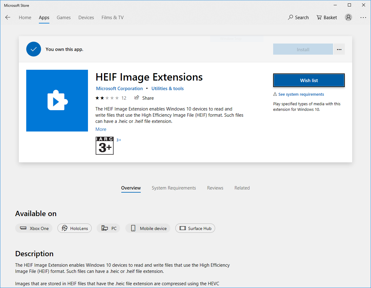 I am trying to download HEIC image extension, but when I click install and open the store,... 5fd7d32f-94f3-42f6-b57e-de297bb3a62a?upload=true.png