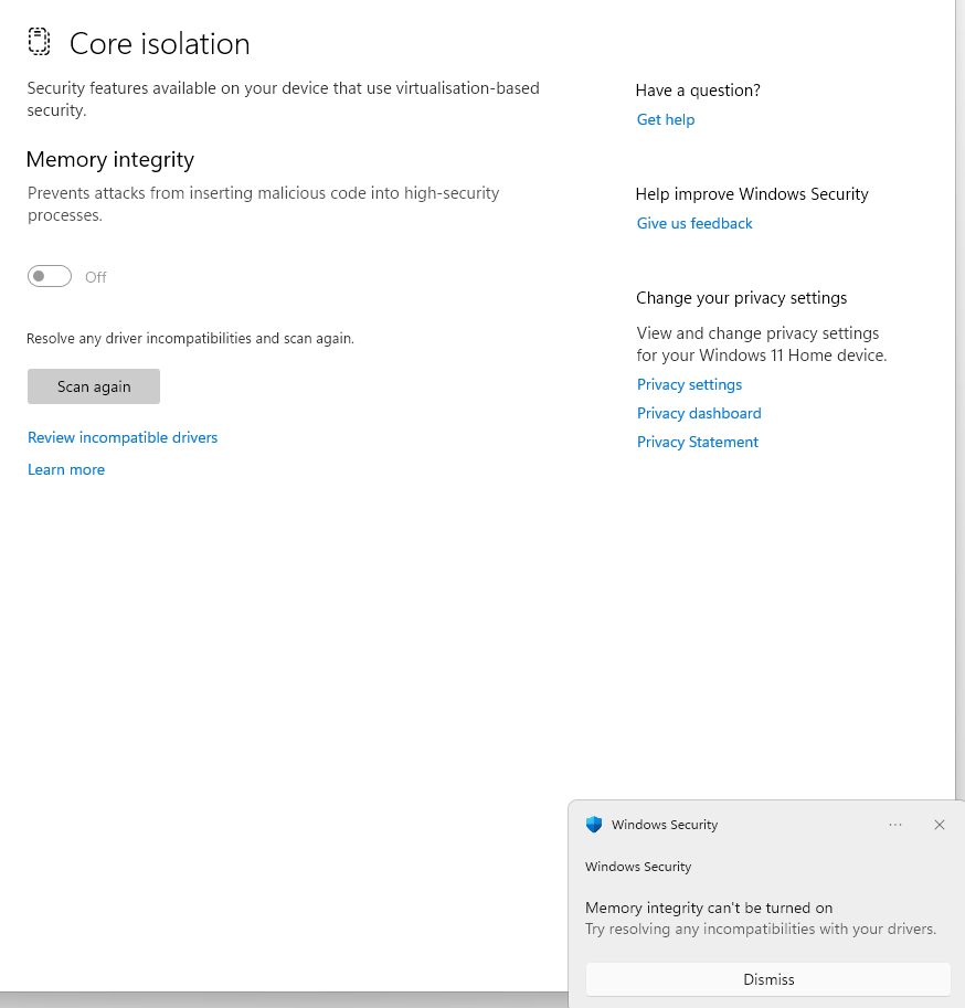 Unable to turn Core Isolation off despite being administrator 5fffd04b-2916-4616-8239-9180bac5705a?upload=true.png