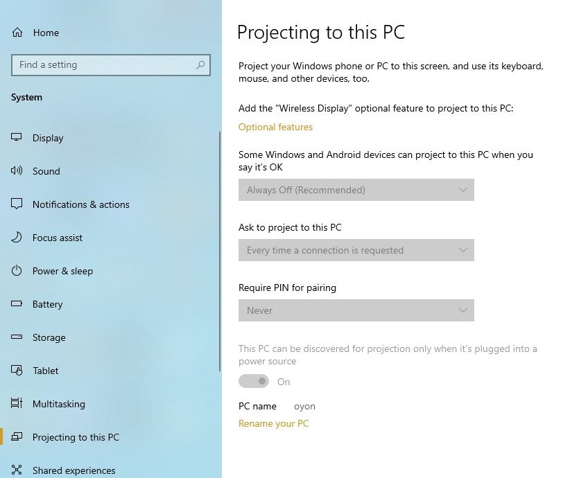 Disable projecting to this pc, how to solve it?? 60dd094f-f408-4350-a711-efecb98db35d?upload=true.jpg