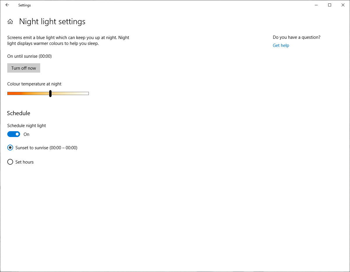 Night light sunset to sunrise schedule stops working properly after update to 1809 610d9ed4-778d-4845-a431-39b281e166dd?upload=true.png