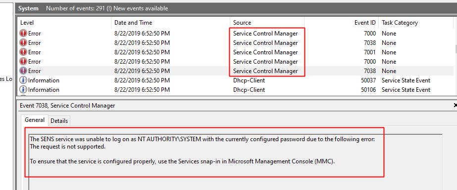 The SENS service was unable to log on as NT AUTHORITY\SYSTEM with the currently configured... 6134f416-e8e0-4414-81f2-95f93e8f3b23?upload=true.png
