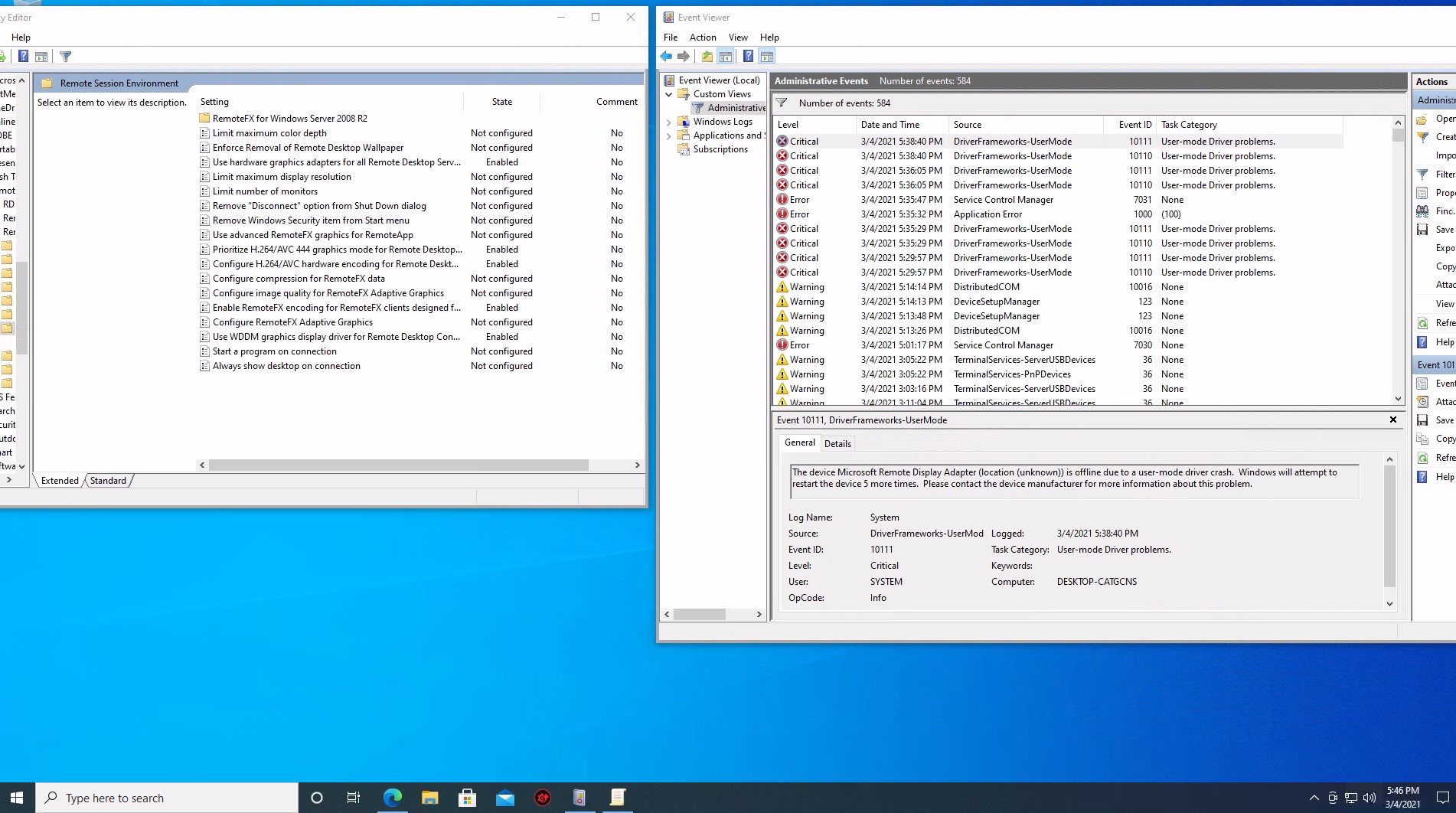 Remote Desktop Service attempting to use GPU but failing with several errors...think is a BUG 613ac8af-e066-44e1-8192-577e1433a34d?upload=true.jpg