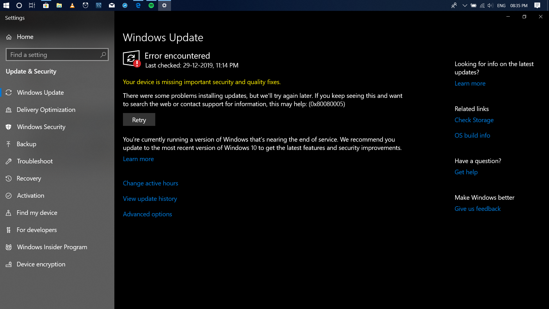Windows Update contact support for information, this may help: 0x80080005 61741739-c250-4663-8c84-9866762f86e8?upload=true.png