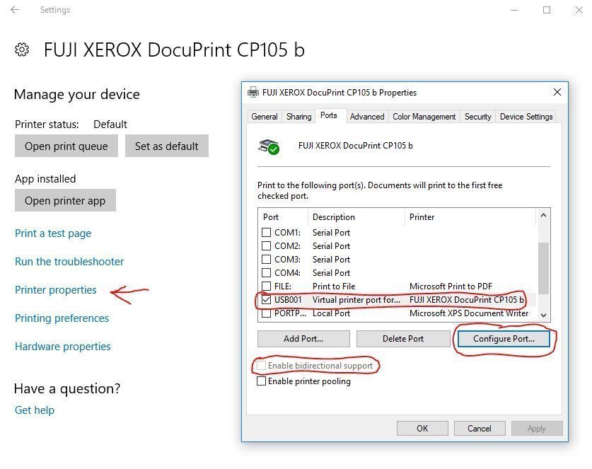 Turn Enable bi-directional support on in the printer's Properties dialog box. 63435801-40fc-41f4-8218-26704337ca63?upload=true.jpg