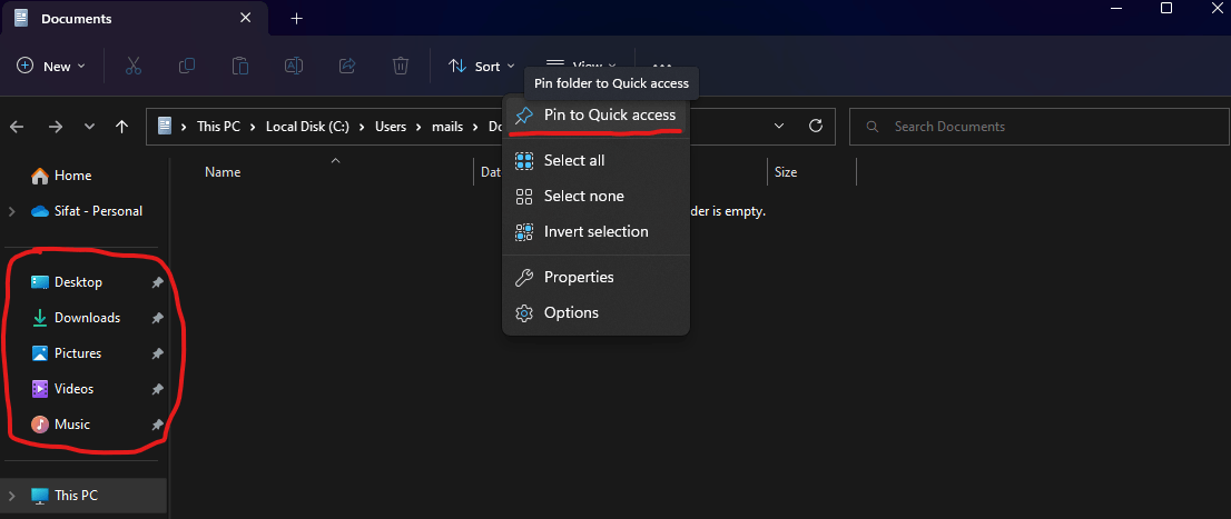 Am I ever going to be able to pin my local documents folder to Quick Access? 643af6d0-51fd-4e1b-8f65-cef476e75014?upload=true.png