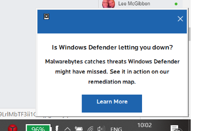 Malwarebytes pop-up attacking Windows Defender. Window 10 64f07494-75a3-4523-8264-63a90d6ebe4d?upload=true.png