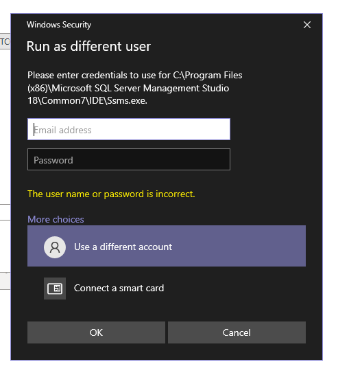 Run as different user asks for email address. How can I change to ask for Username 654637b6-9094-4f19-b94e-2fdd9d19f88a?upload=true.png