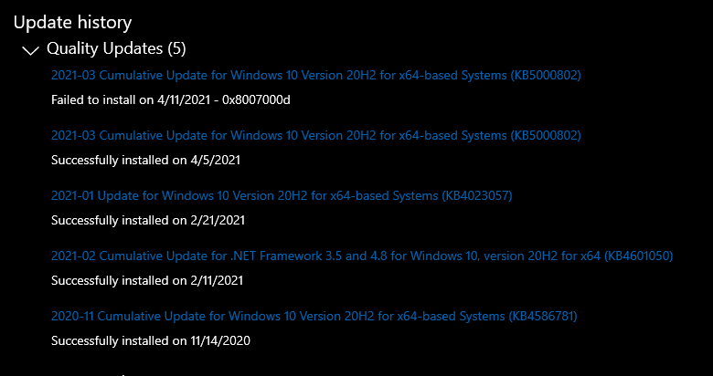 Cannot uninstall KB5000802, Windows says it's not installed yet it is. 661dd92d-e33a-4853-a202-de847e3d60a8?upload=true.png