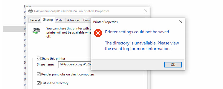 Regan Ejeren hundrede Printer Settings could not be saved. The directory is unavailable.