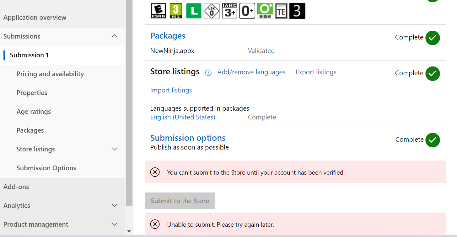 You can't submit to the Store until your account has been verified. 670bfbb4-3120-4b28-b023-7a86e2e3994f?upload=true.png