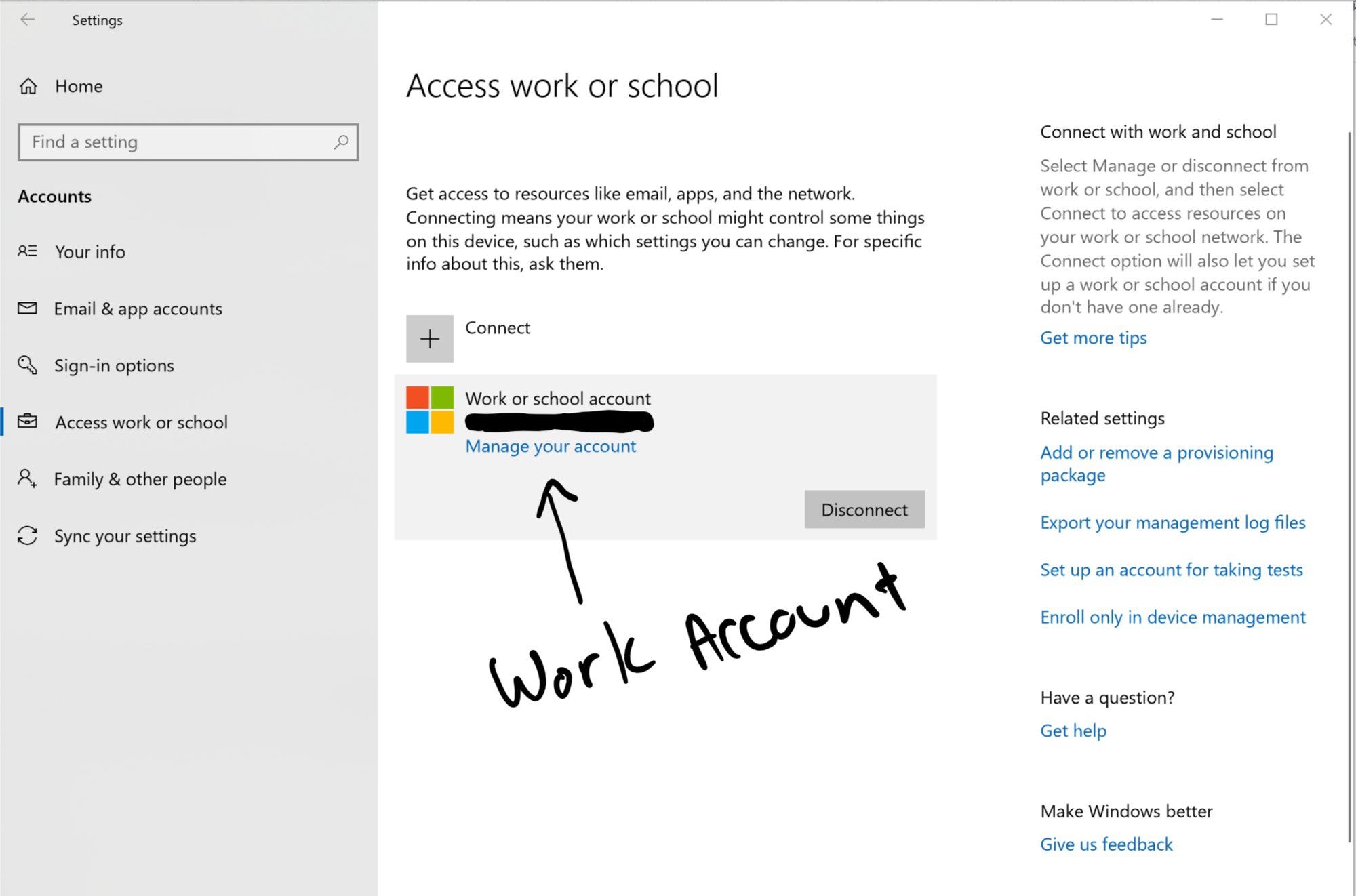 What permissions are granted for Access work or school acccount in Windows 10 677384ea-056f-49f1-b942-97252d6883b4?upload=true.png