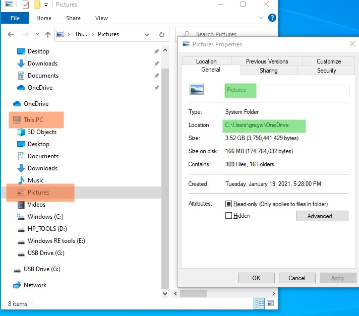 Why does THIS PC/PICTURES point to ONE DRIVE/PICTURES 68c77eb1-8f73-436d-b943-1cc1e90dd0f5?upload=true.jpg