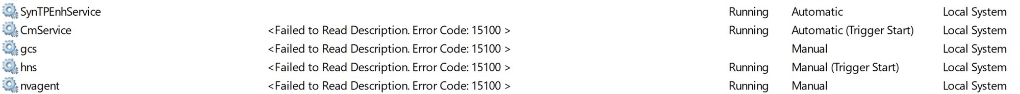 several services are listed with their service name as their display name and "Failed to... 68ea05b8-b0db-4df1-a713-821ac03ee8a2?upload=true.jpg