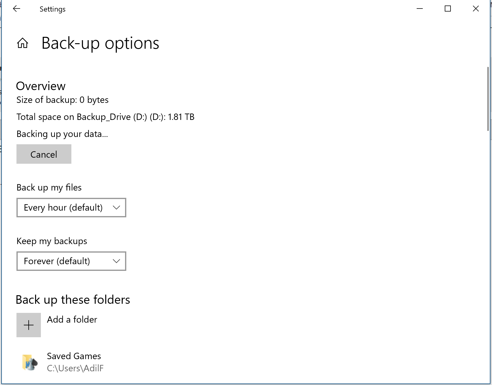 Trying to back up my Surface pro 4 but "Back up file history" is showing "Size of backup 0... 6a72725e-fa87-45bb-bdb6-9051387e50d5?upload=true.png