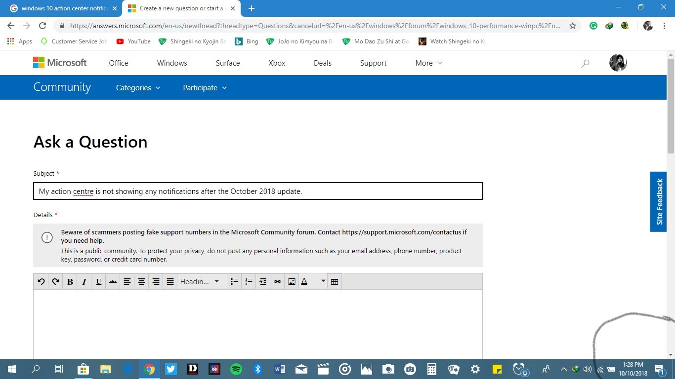 My action centre is not showing any notifications after the October 2018 update. 6c2db557-a62f-4dde-9ad4-fb03530dd1da?upload=true.jpg