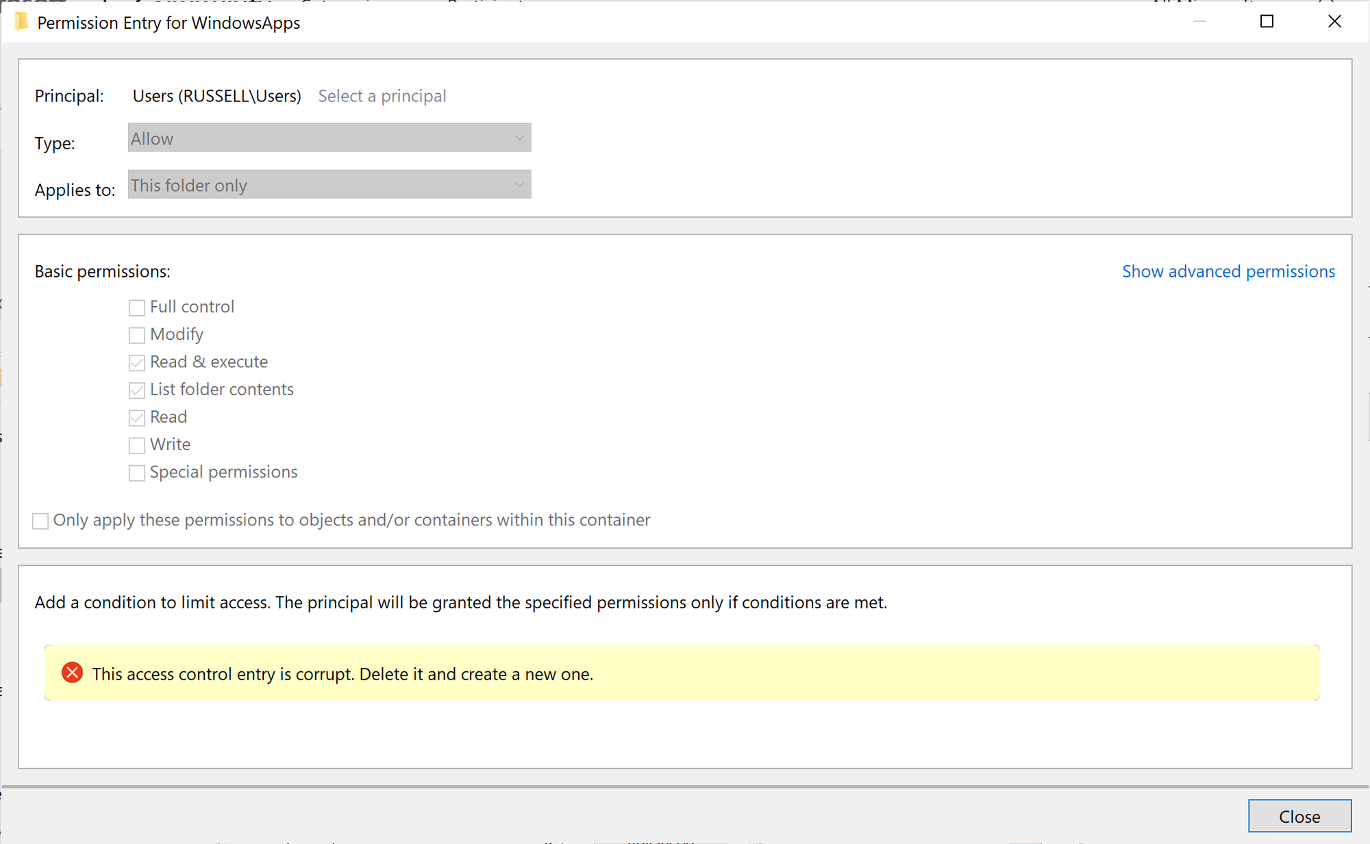 "This access control entry is corrupt" for the WindowsApps folder and nothing else 6ea3f0a3-08f4-482c-99e0-b235b932c260?upload=true.png