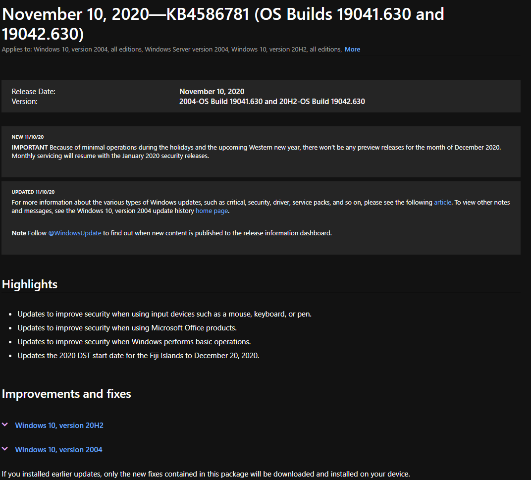 It's Patch Tuesday 11/10/20 And here's the info for Cumulative KB4586781 For Windows 20H2 6f4ed169-f715-4765-8612-b6cf08eeab57?upload=true.png
