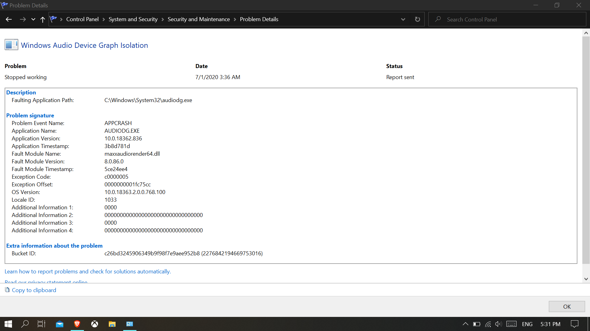 I am using windows 10 64 bit. I got a critical event related to AUDIODG.EXE . 706682c2-3014-4868-982b-dc4f1e166820?upload=true.png