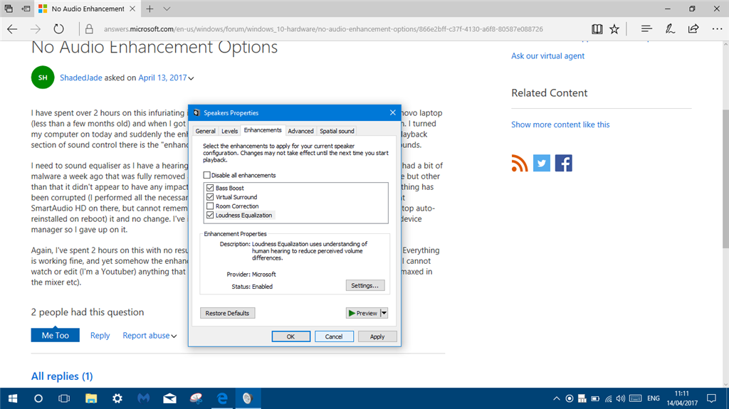 I have a problem on my sound.I have the enhancement option but there is no option which... 719487d8-a791-472b-bedb-f432bc7090b1.png