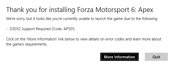 I can't run forza motorsport 6 because my DirectX version is not high enough but it is. 76a24759-9ca1-446f-bf81-9bfbec7701e9?upload=true.png