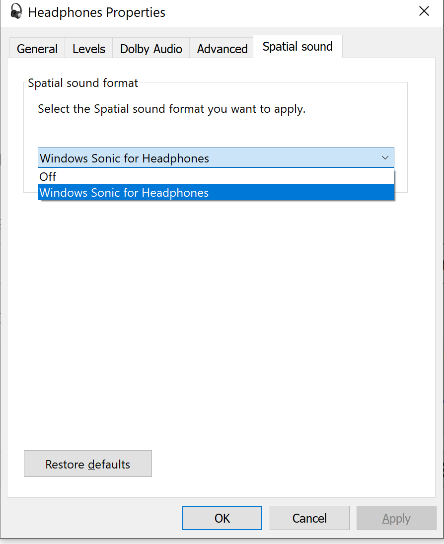 'Dolby Access for Headphones' options is not visible in spatial sound 7857588d-1ca7-4e13-81da-5345afa2a6d3?upload=true.png