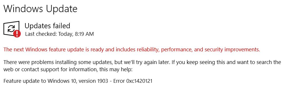 Update Failed Feature update to Windows 10, version 1903 - Error 0xc1420121 78ba36aa-36a3-47f0-8521-cbef9a69727b?upload=true.jpg