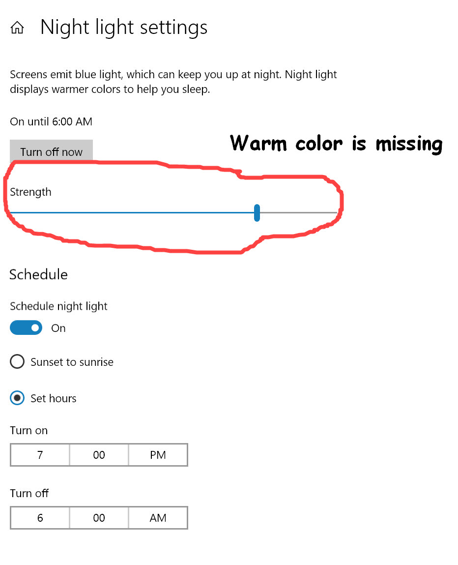 After updated 1903, Night Light is on and working but the system wont let it. 7a6a3238-71d0-4a5a-ab2f-e085374c2ad0?upload=true.jpg