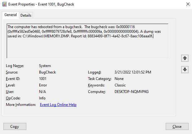 The computer has rebooted from a bugcheck.  The bugcheck was: 0x00000116 7b81b0b6-aaf2-411b-be2a-175ec4c9bc7a?upload=true.png