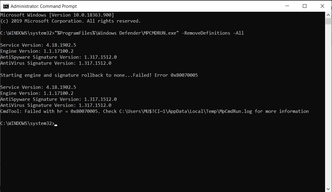 How do I fix an ERROR: MpRollbackSignature failed with hr=80070005 in this case? 7bbd8648-fd6b-4cd5-a5a7-e3b3cf9ca57a?upload=true.png
