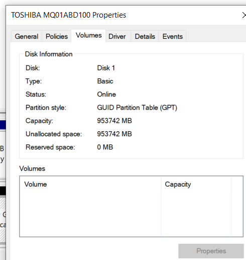 1TB Toshiba "D" Drive disappeared today after trying to add it to a pool. 7df0bf78-9deb-42f0-86a5-adab0845a37a?upload=true.png