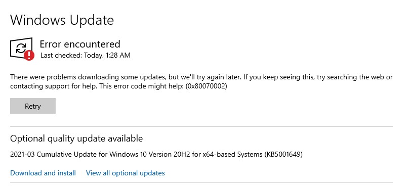 Updated to 20H2 and getting this windows update erorr 0x80070002 7e88e999-02f0-4d4e-8bd9-e7c0f8417771?upload=true.jpg