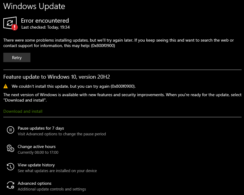 Trying to update Microsoft and constant error code 0x800f0900, not sure how to fix it at all. 7ef4dd6e-02ef-48ed-9fea-f85894f1f709?upload=true.png