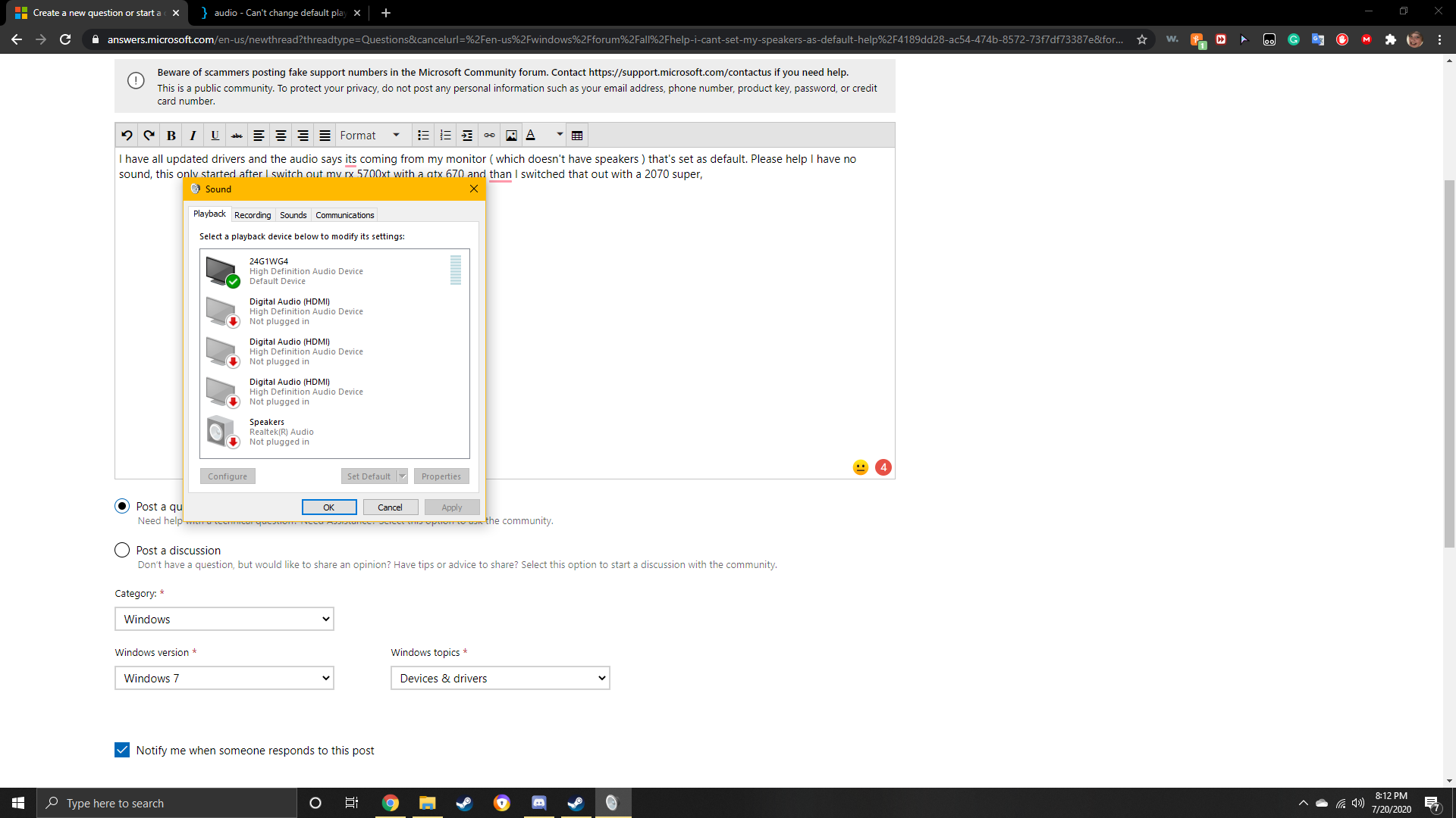 Speakers and headphones turn on but wont connect to my pc and do not show up or show up as... 7f97fd99-83b6-45a1-8209-0b82cf5e8d6f?upload=true.png