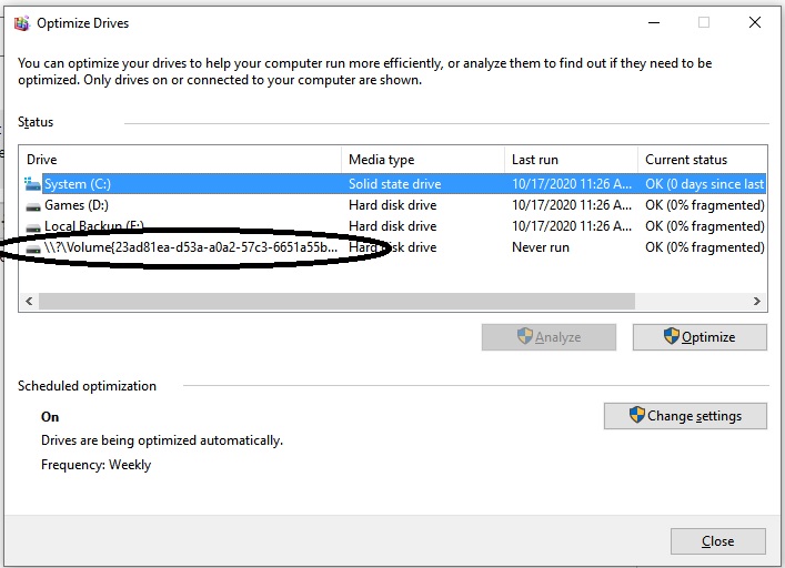 Remove Unknown Volume from defragment and optimize drives 7faf032f-0d16-4277-96ed-4bb018f2ec3e?upload=true.jpg