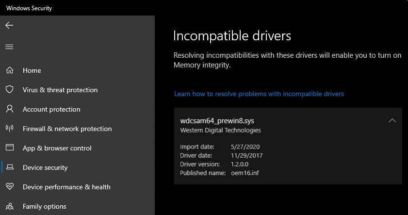 Core Isolation Memory Integrity fails to enable because of incompatible driver... 8309f694-7083-40da-9623-e0705d850965?upload=true.jpg