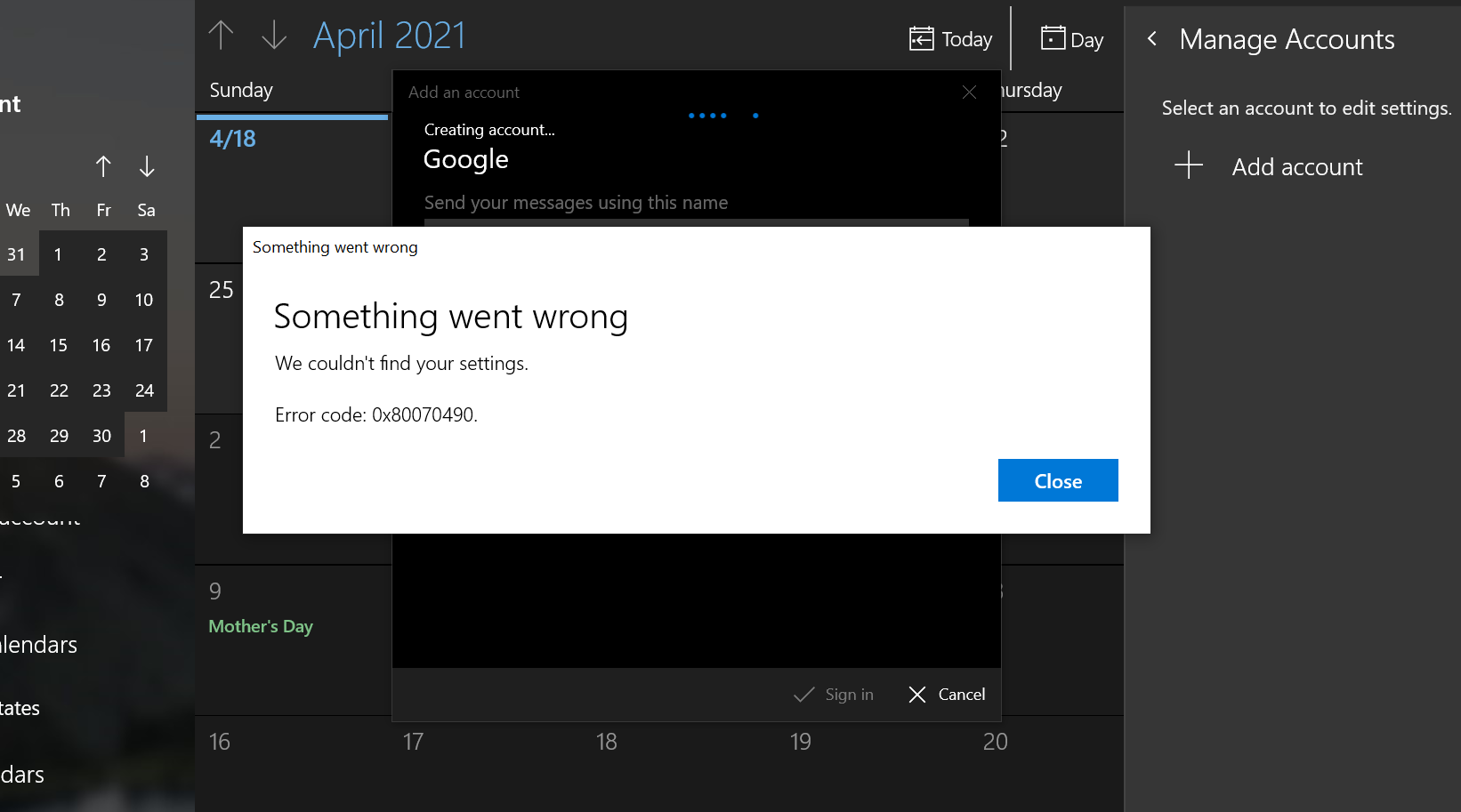Unable to Connect Google Calendar to Windows 10 Calendar. Error code: 0x80070490 8396597b-6a0f-4e70-be63-91c34b80954c?upload=true.png